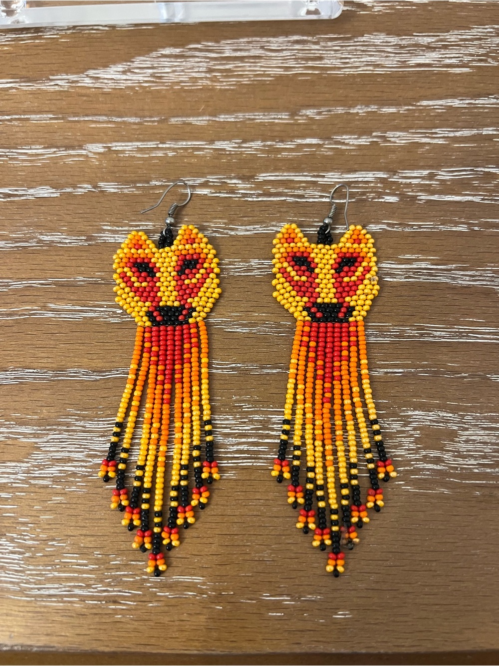 Handmade Beaded Fox Fringe Earrings - Yellow & Orange